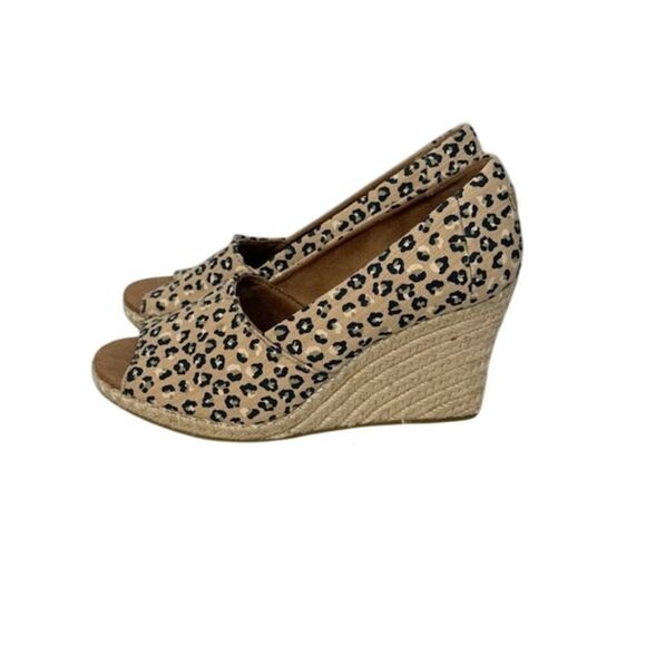 Tom's Women's Peep Toe Wedge Cheetah Leopard Canvas Espadrilles 9.5 - Picture 2 of 7